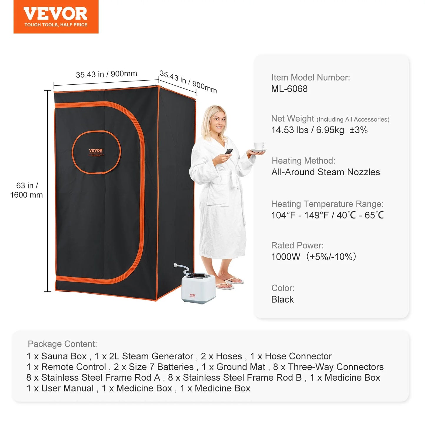 VEVOR Portable Steam Sauna Tent Full Size, 1000W Personal Sauna Blanket Kit for Home Spa, Detoxify & Soothing Heated Body Therapy, Time & Temperature Remote Control with Floor Mat