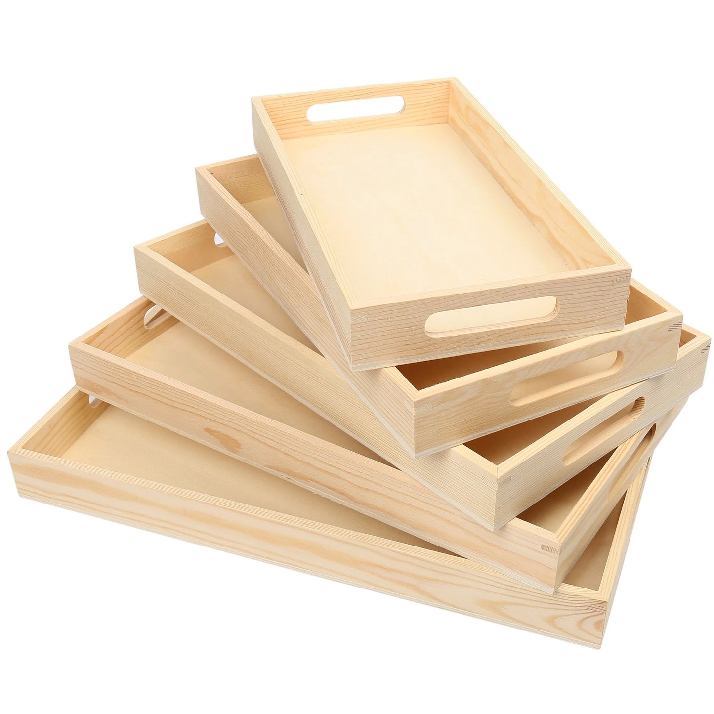 5 Pcs Wooden Nested Serving Trays with Handles, 13 - 16 In, Unfinished Natural Wood Trays