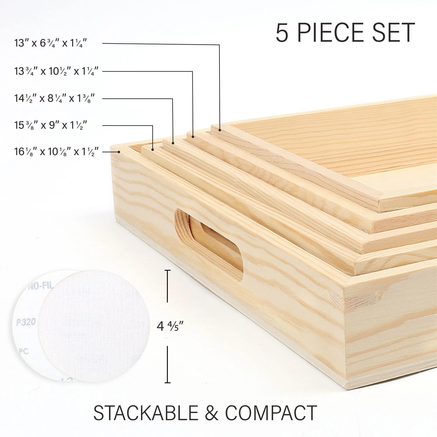 5 Pcs Wooden Nested Serving Trays with Handles, 13 - 16 In, Unfinished Natural Wood Trays